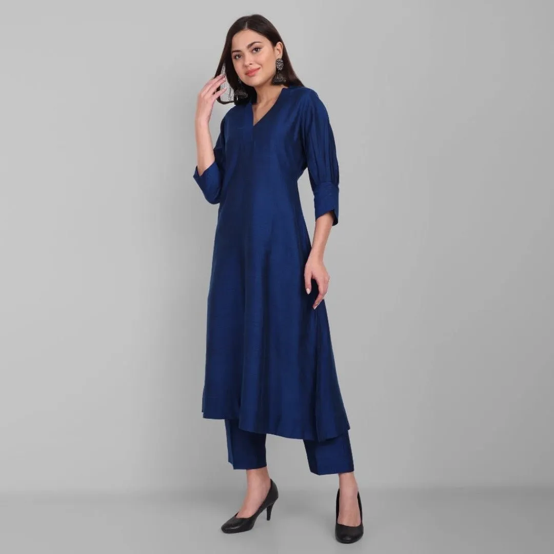 Ink Blue A line textured Cotton Silk Kurta and Pant Set