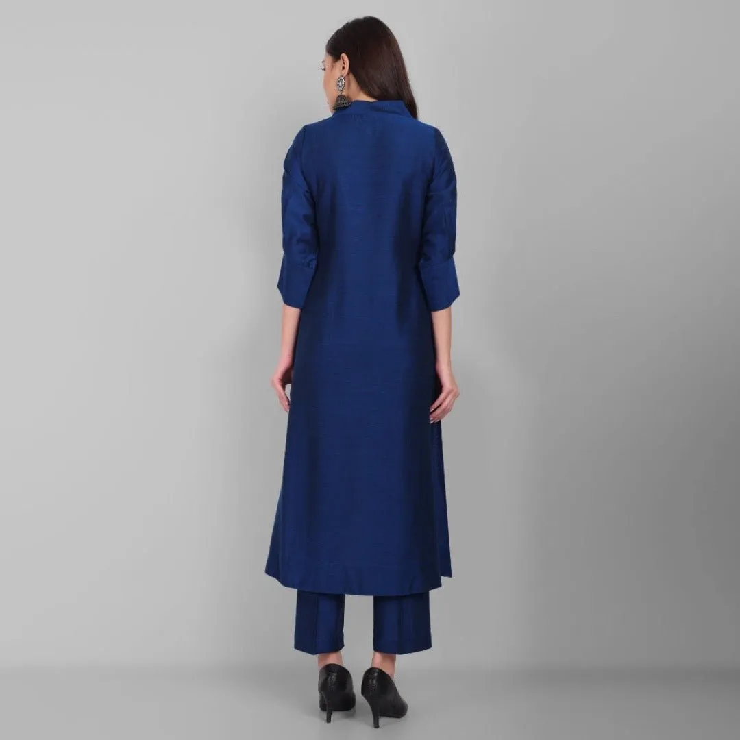 Ink Blue A line textured Cotton Silk Kurta and Pant Set