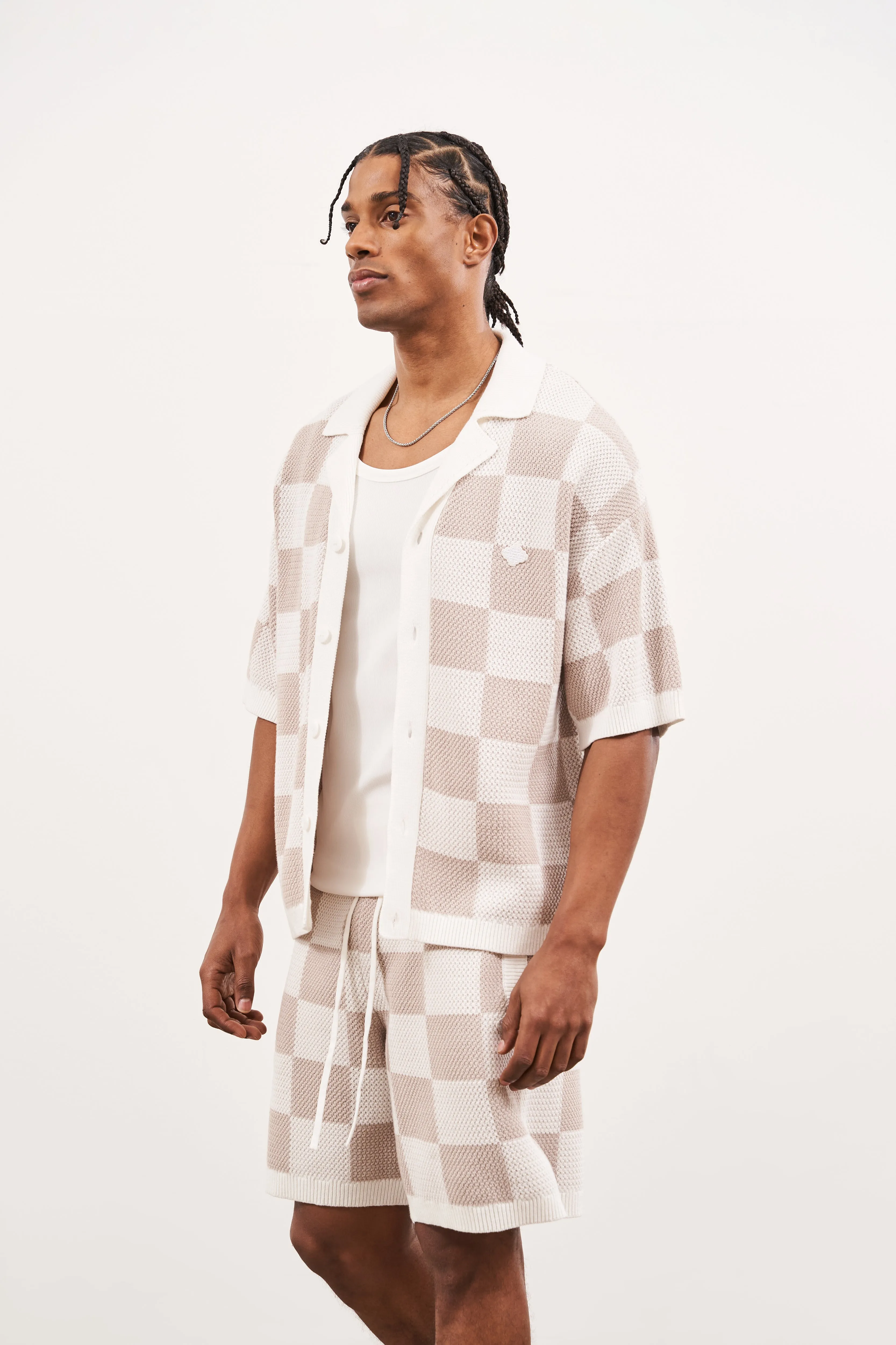 KNITTED CHECKERBOARD SHIRT - OFF WHITE