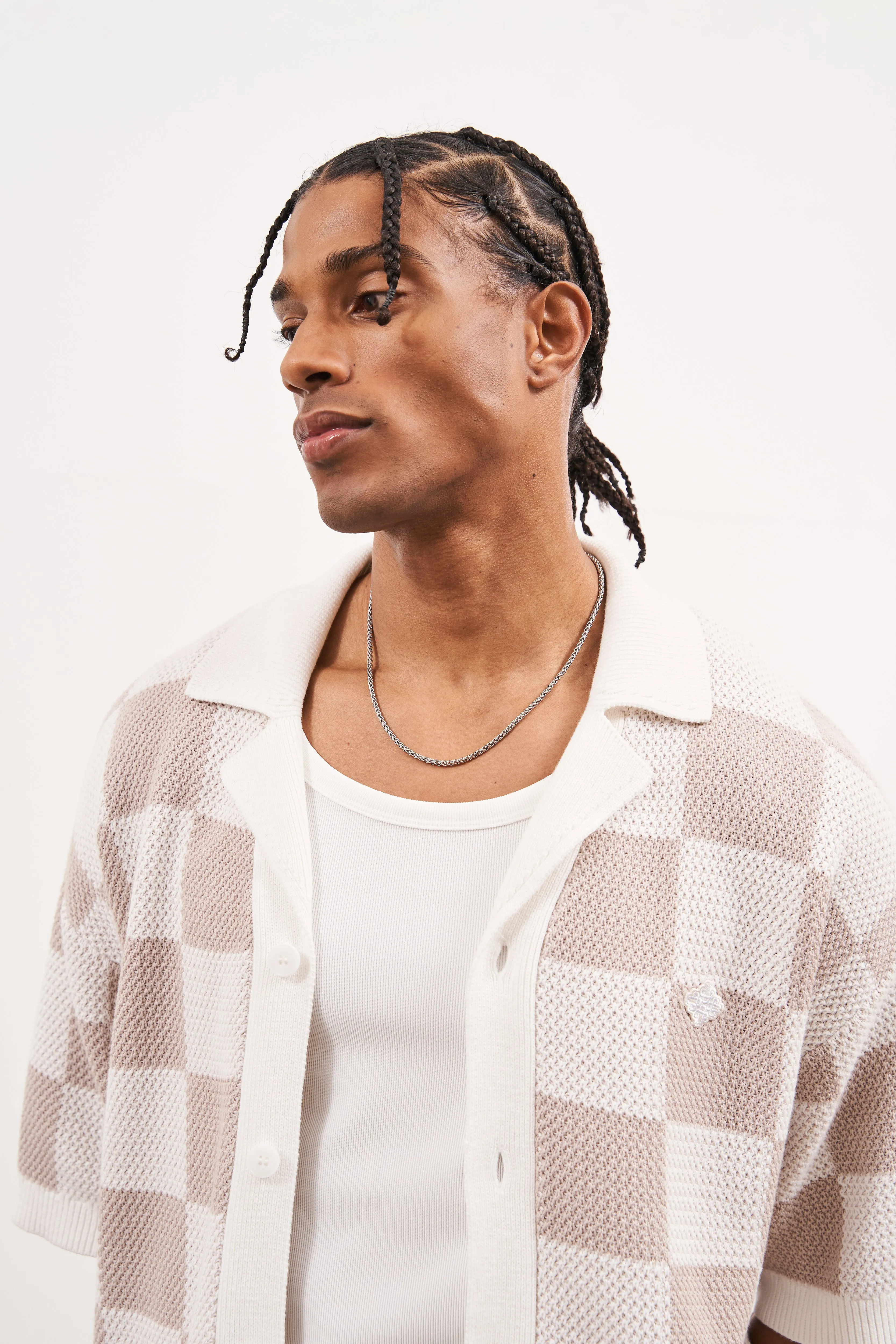 KNITTED CHECKERBOARD SHIRT - OFF WHITE