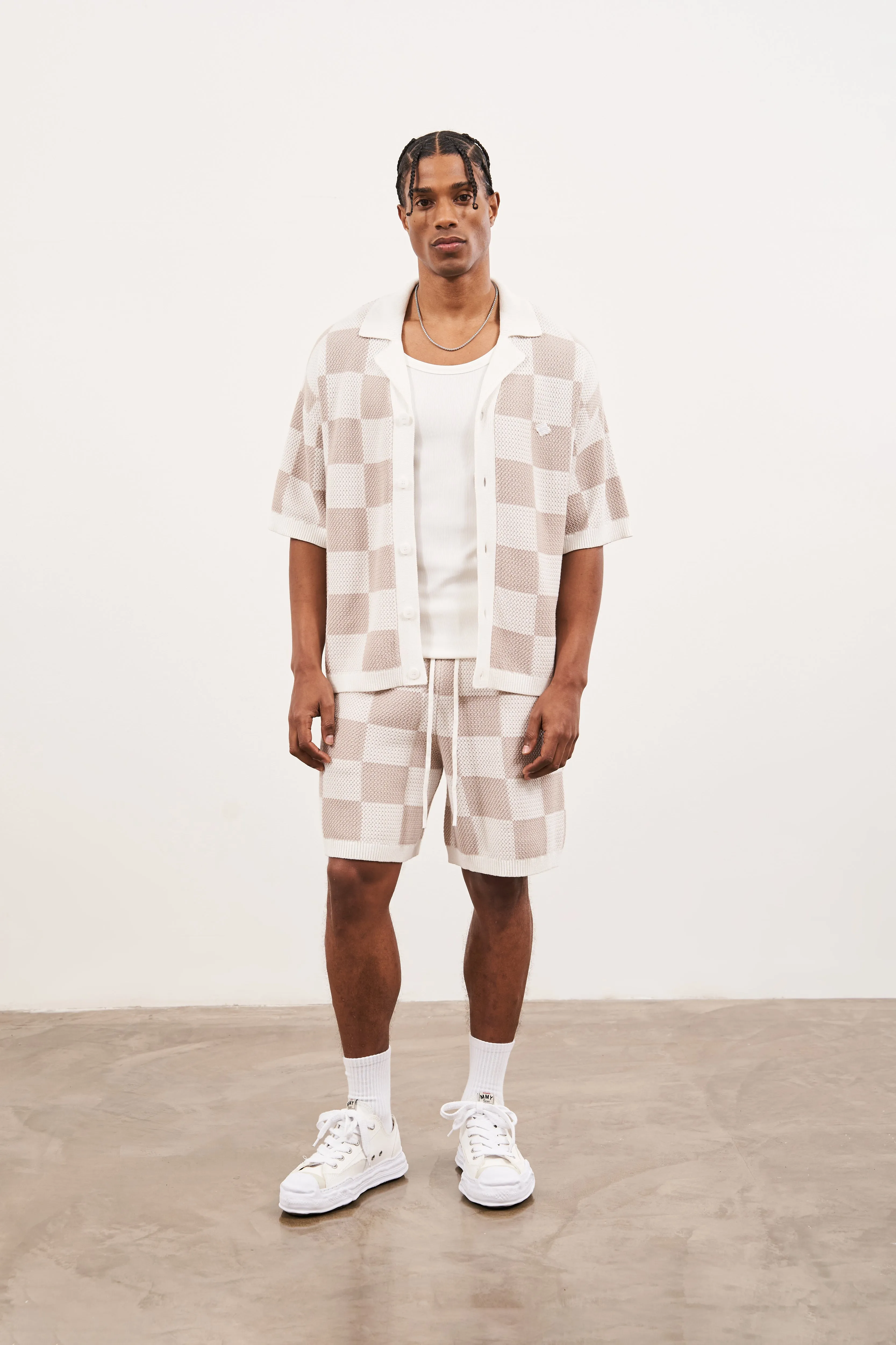 KNITTED CHECKERBOARD SHIRT - OFF WHITE