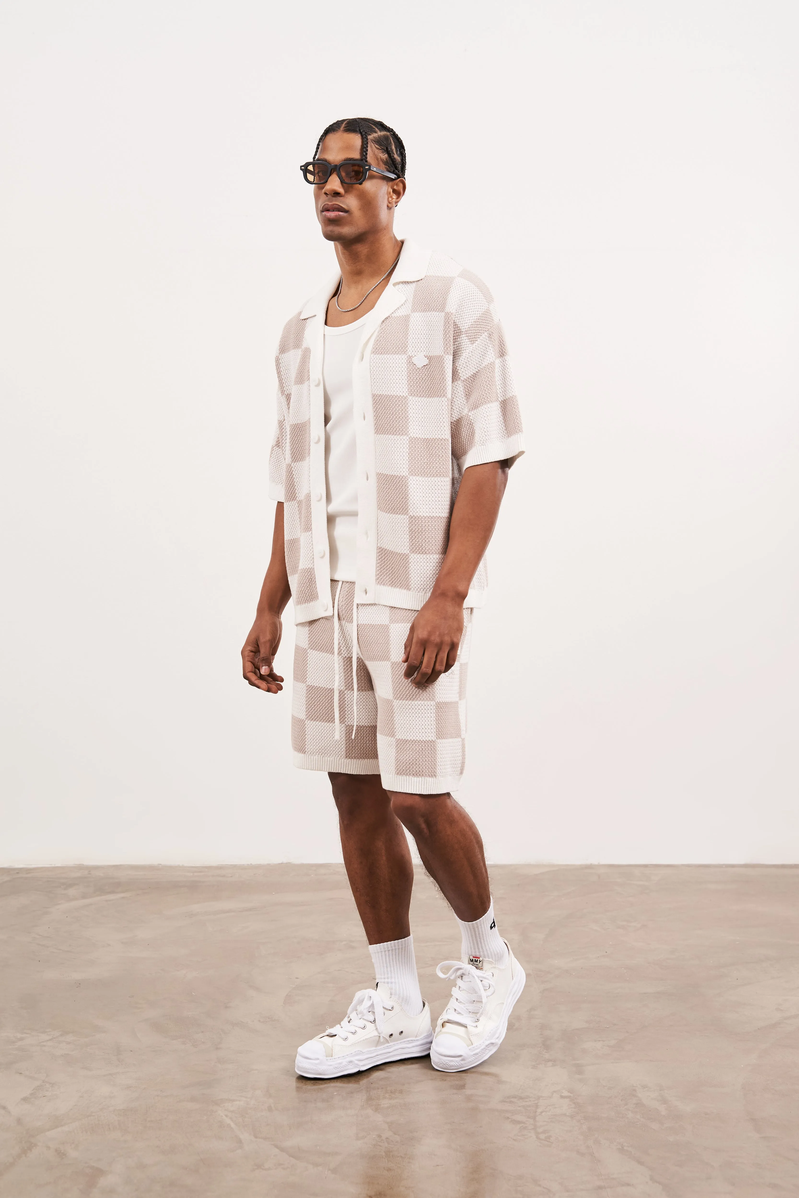 KNITTED CHECKERBOARD SHIRT - OFF WHITE