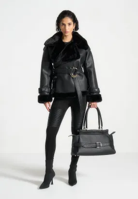Leather and Plush Wrap Belted Jacket - Black