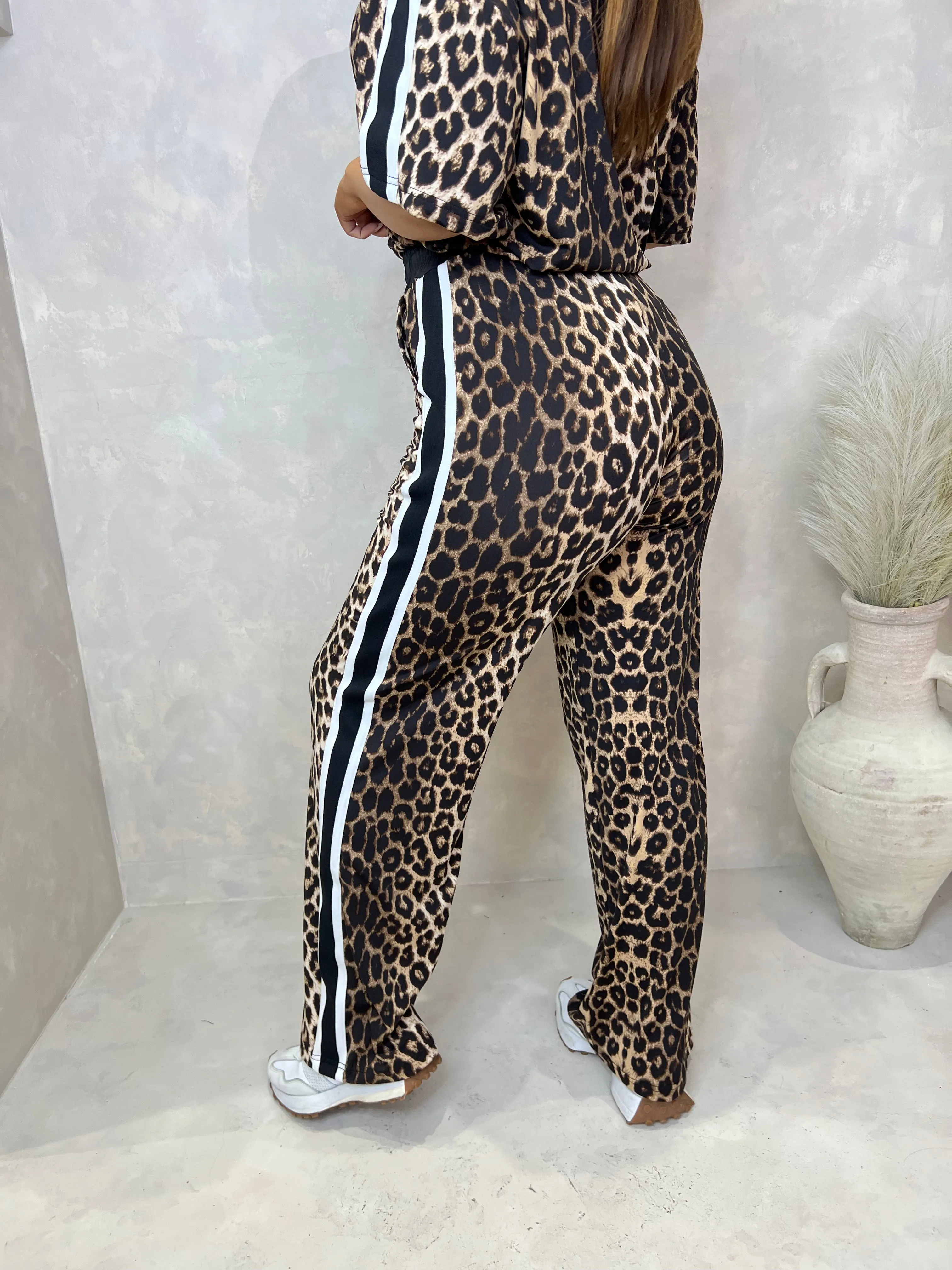Leopard Print Black/White Side Stripe Trouser Set