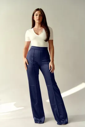 Navy Pants The Desires Satin Stretch High Waisted Pants