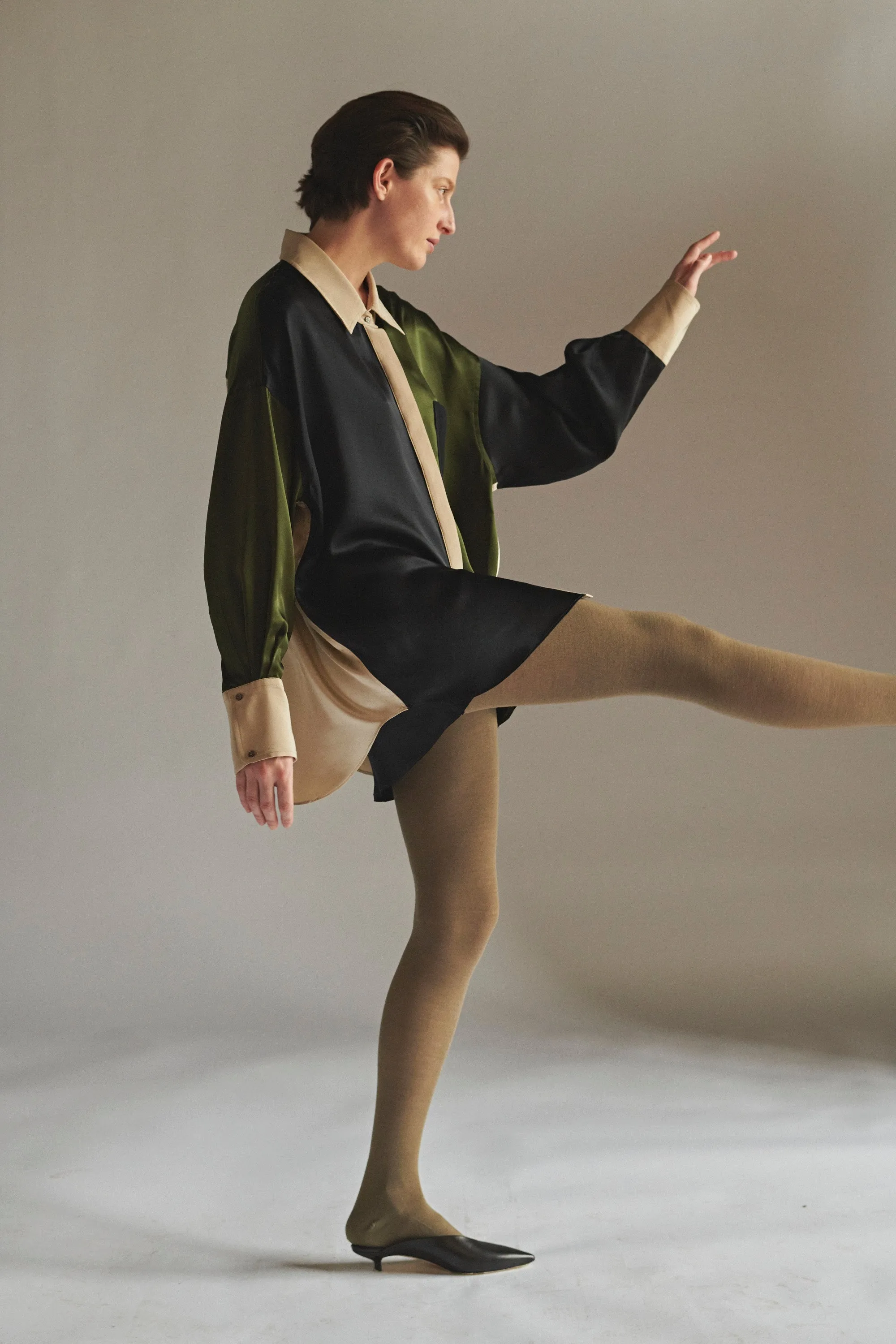 Oversized Button Down Silk Combo Shirt - Military Multi