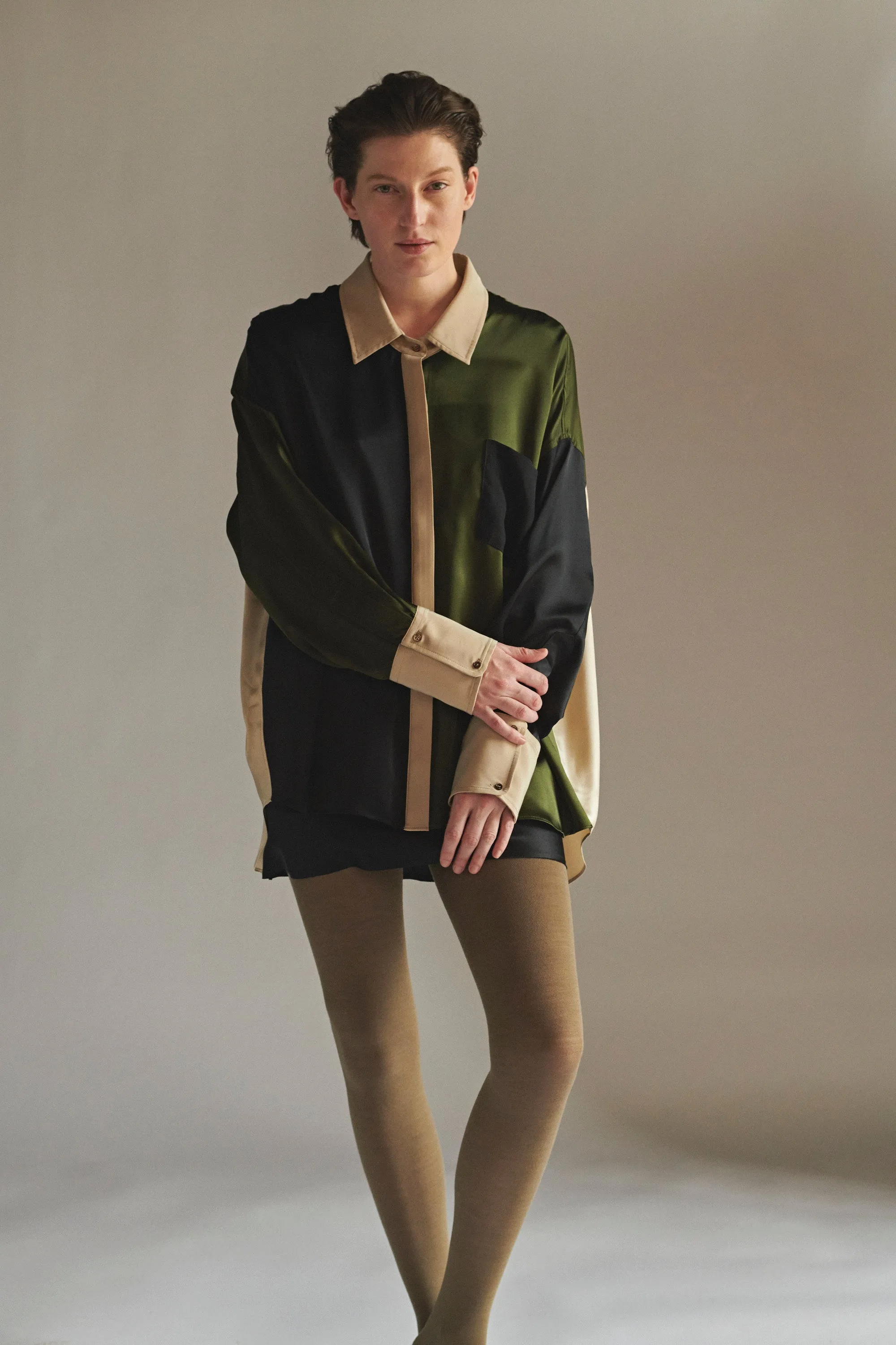 Oversized Button Down Silk Combo Shirt - Military Multi