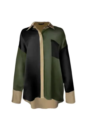 Oversized Button Down Silk Combo Shirt - Military Multi