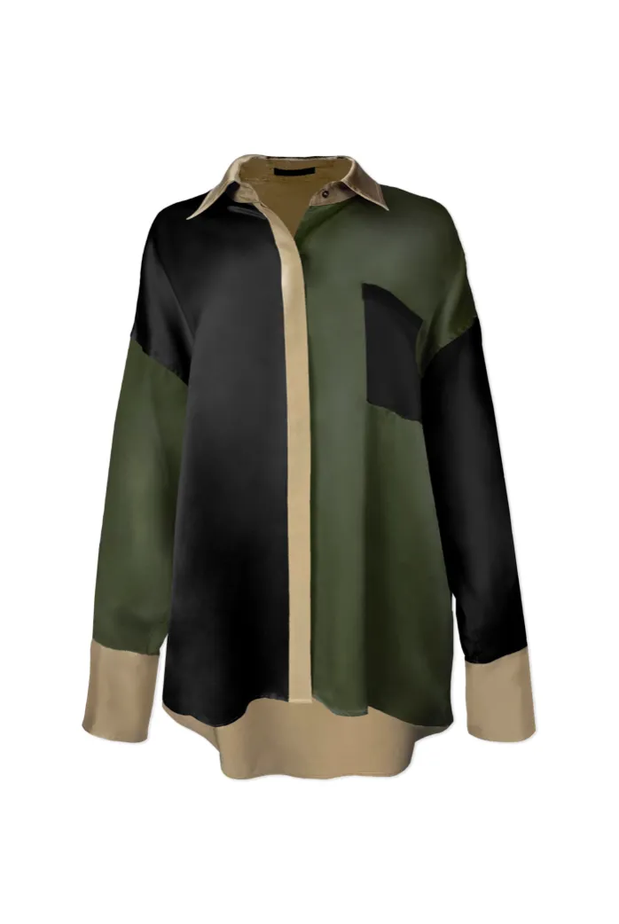 Oversized Button Down Silk Combo Shirt - Military Multi