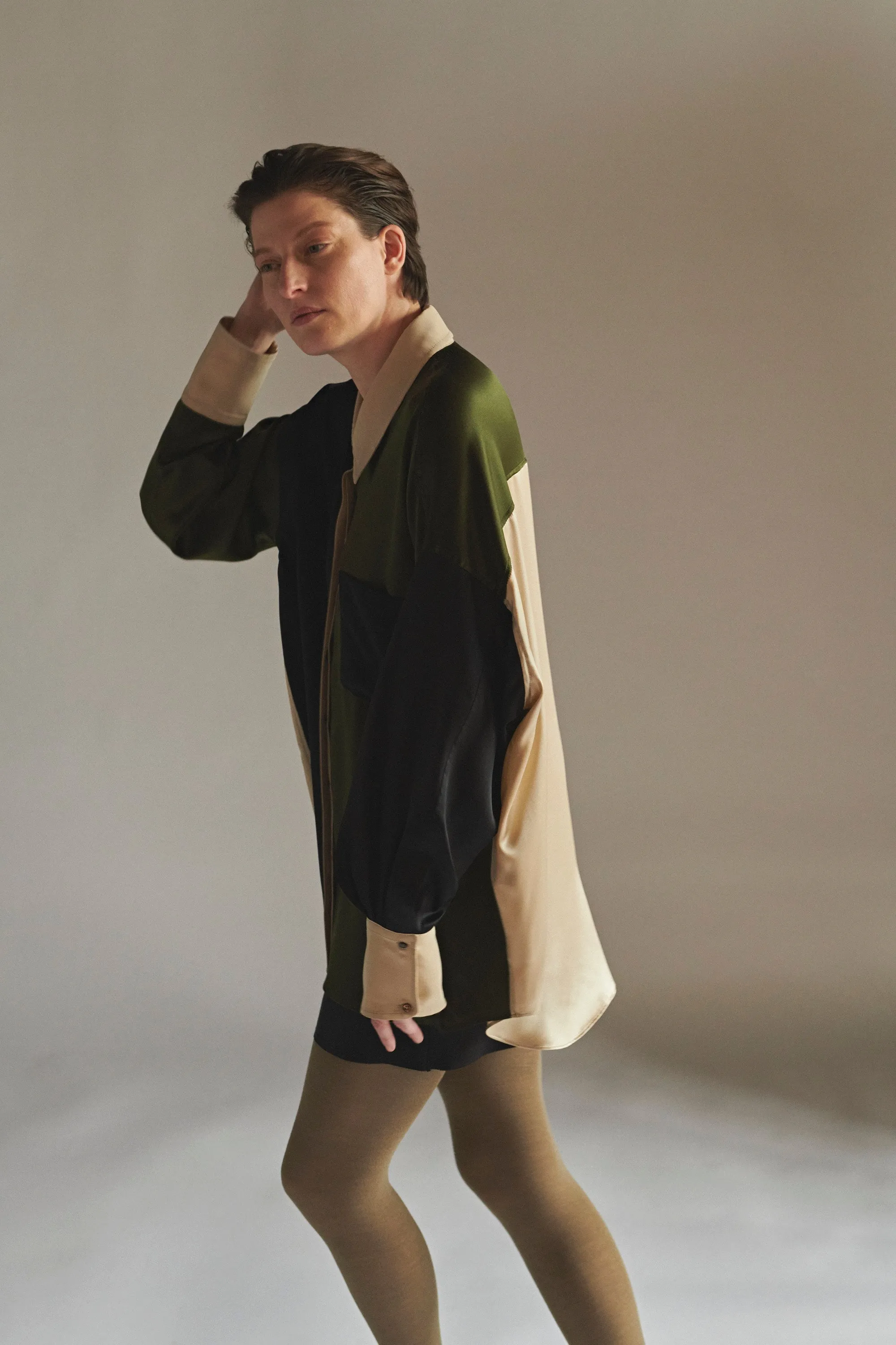 Oversized Button Down Silk Combo Shirt - Military Multi