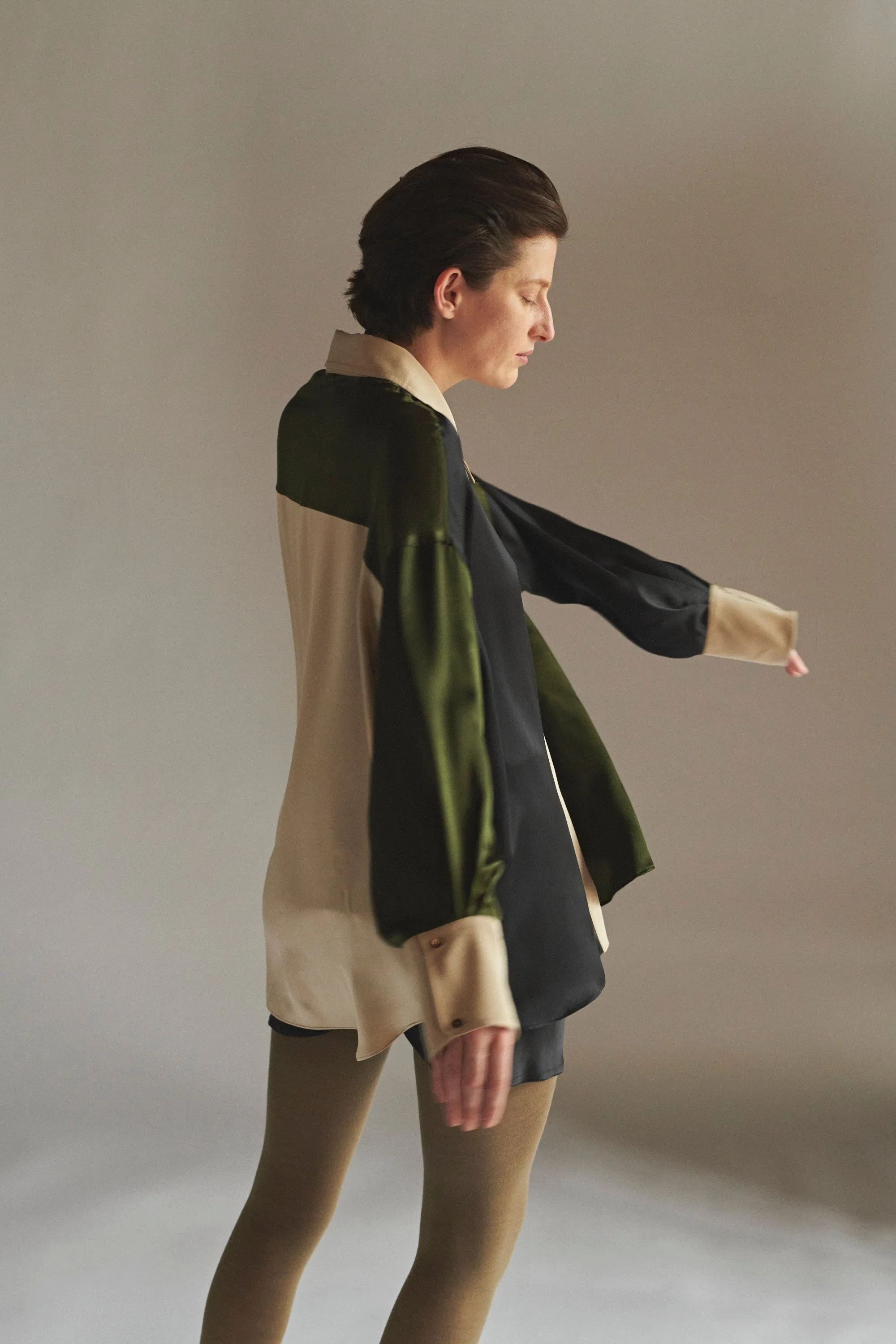 Oversized Button Down Silk Combo Shirt - Military Multi