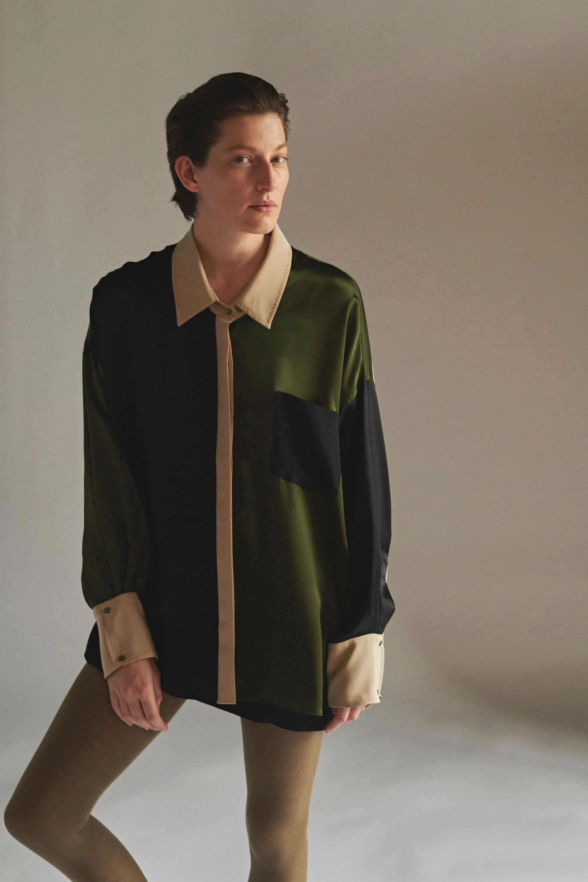 Oversized Button Down Silk Combo Shirt - Military Multi