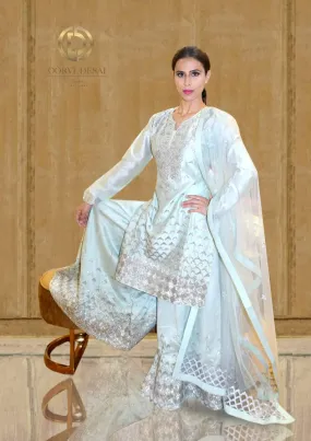 Pastel Pista Green Palazzo set with Shimmer Scallop Embroidery by Oorvi Desai