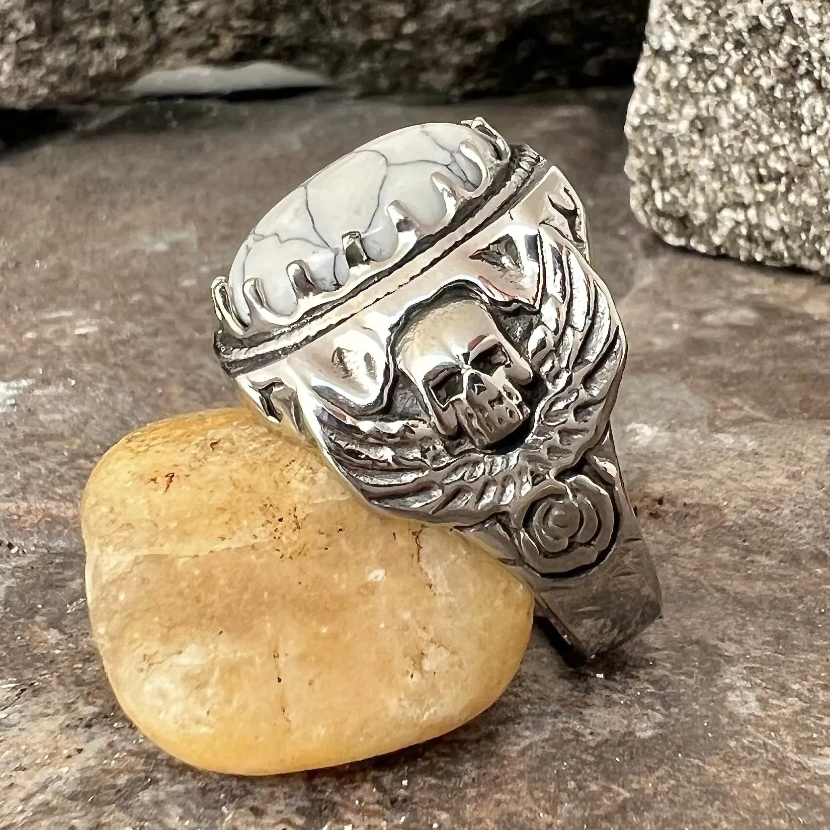 "White Stone" - Skull & Angel Wings - R137