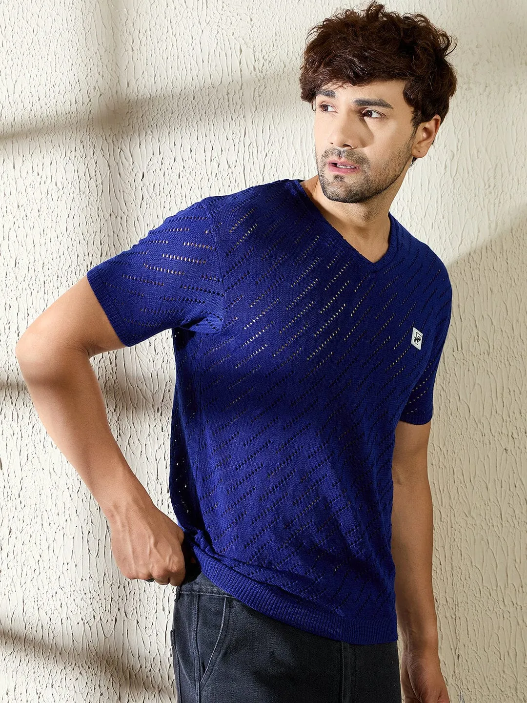 Royal Blue Mesh Effect V Neck Knitted Tshirt