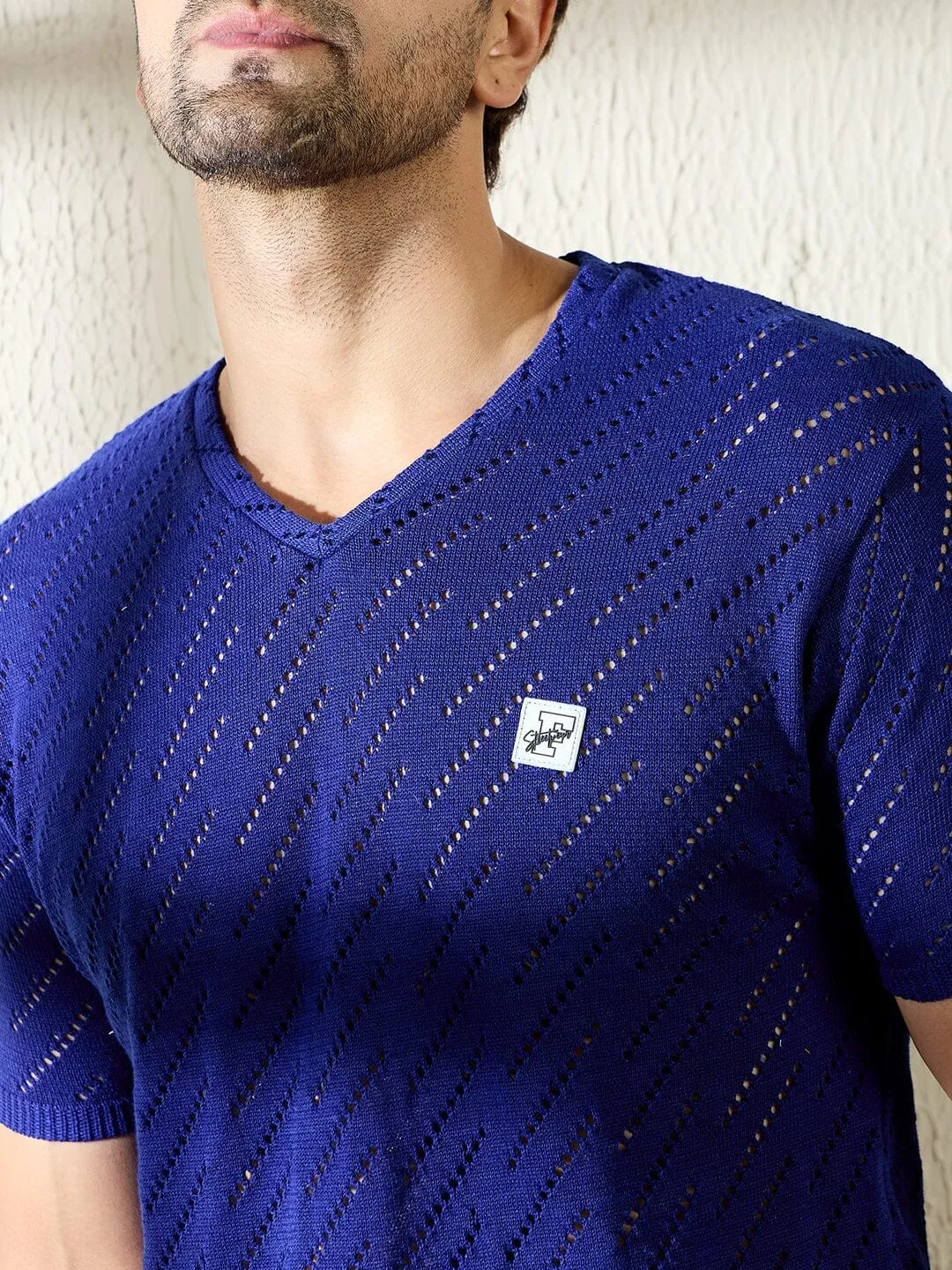 Royal Blue Mesh Effect V Neck Knitted Tshirt