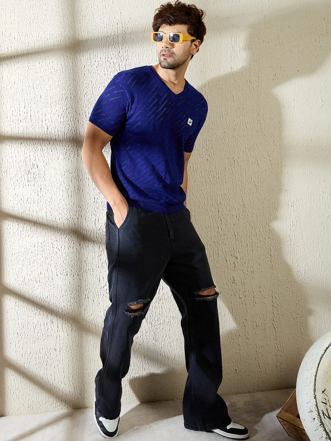Royal Blue Mesh Effect V Neck Knitted Tshirt