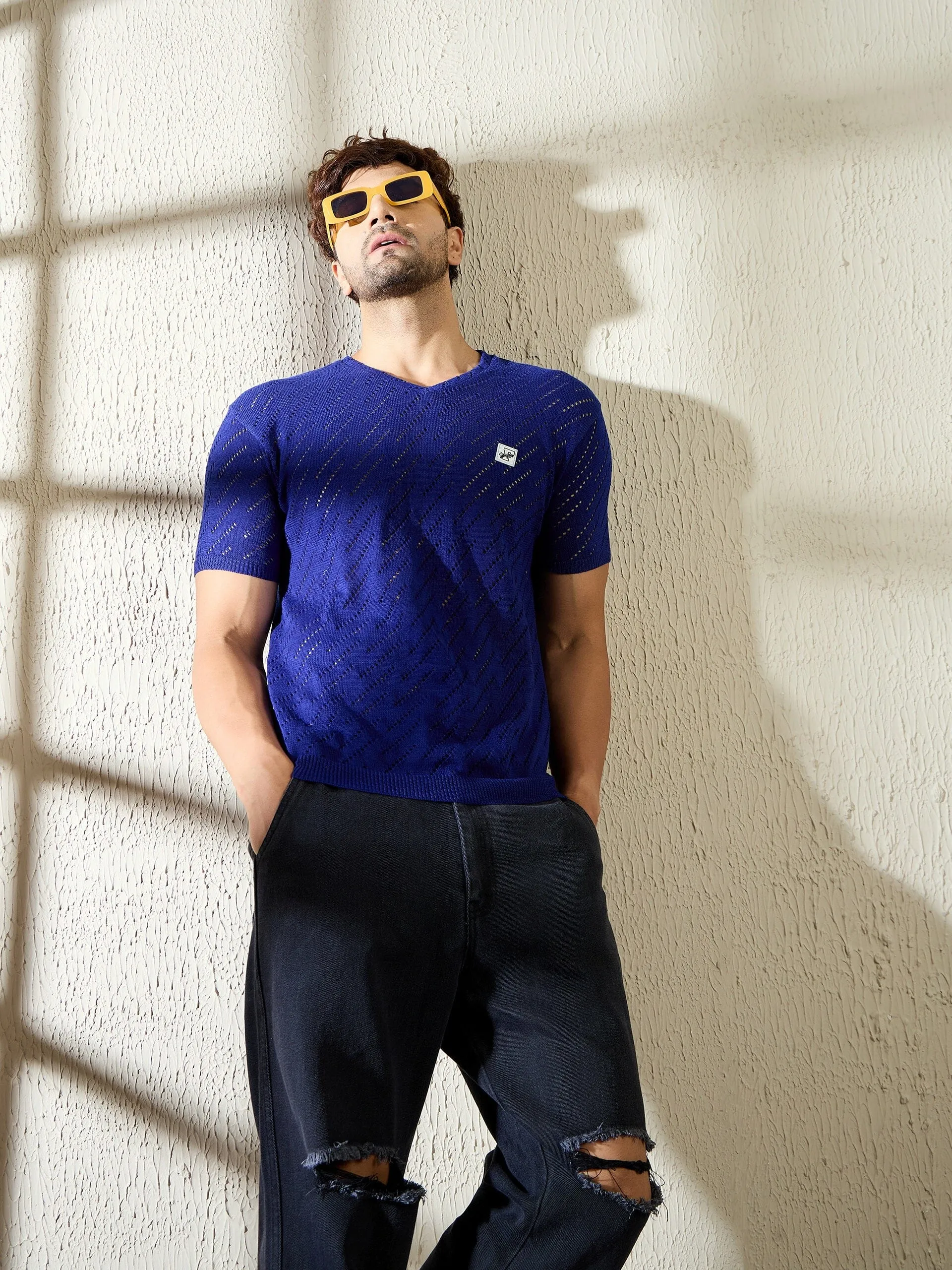 Royal Blue Mesh Effect V Neck Knitted Tshirt