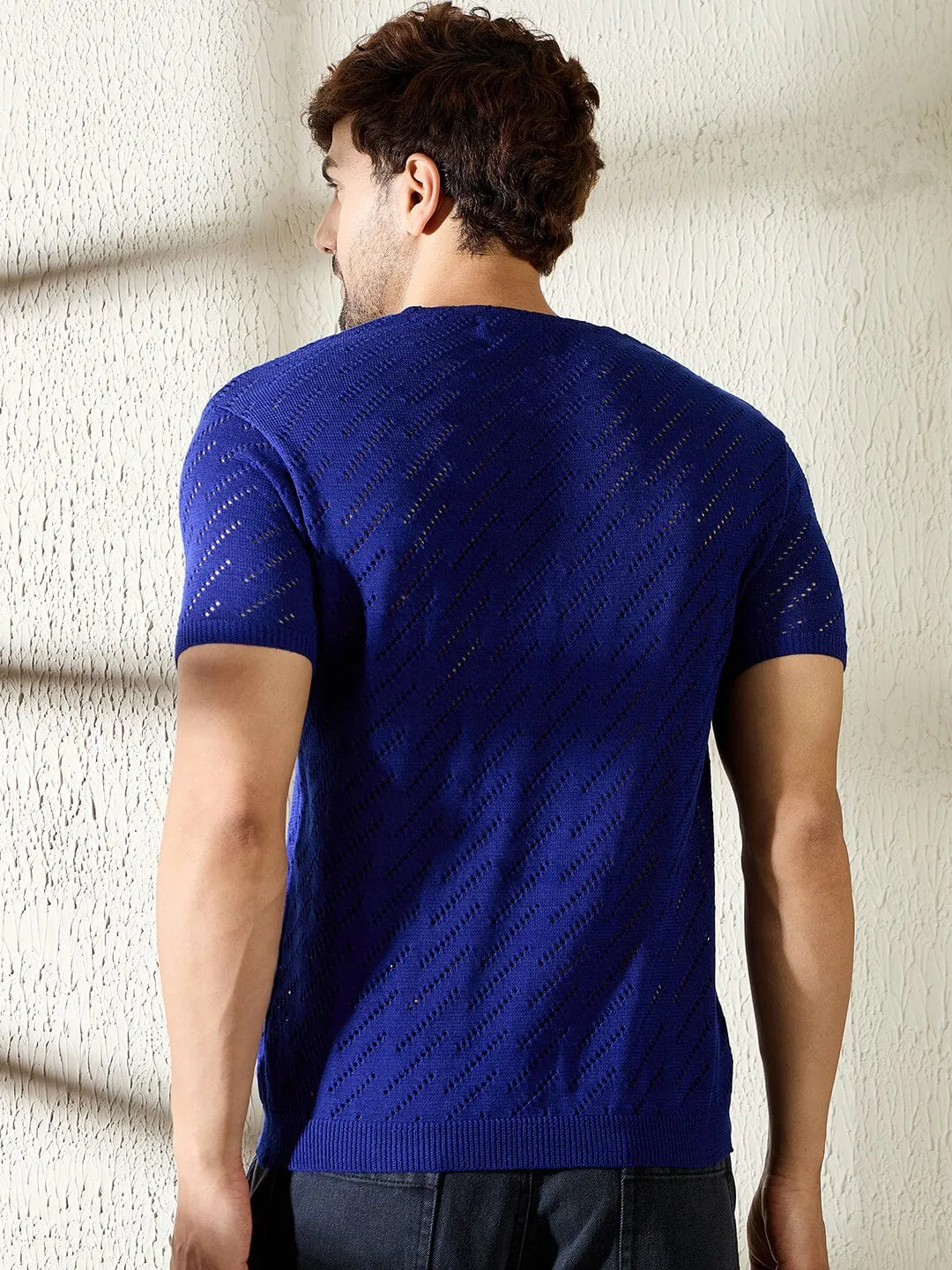 Royal Blue Mesh Effect V Neck Knitted Tshirt