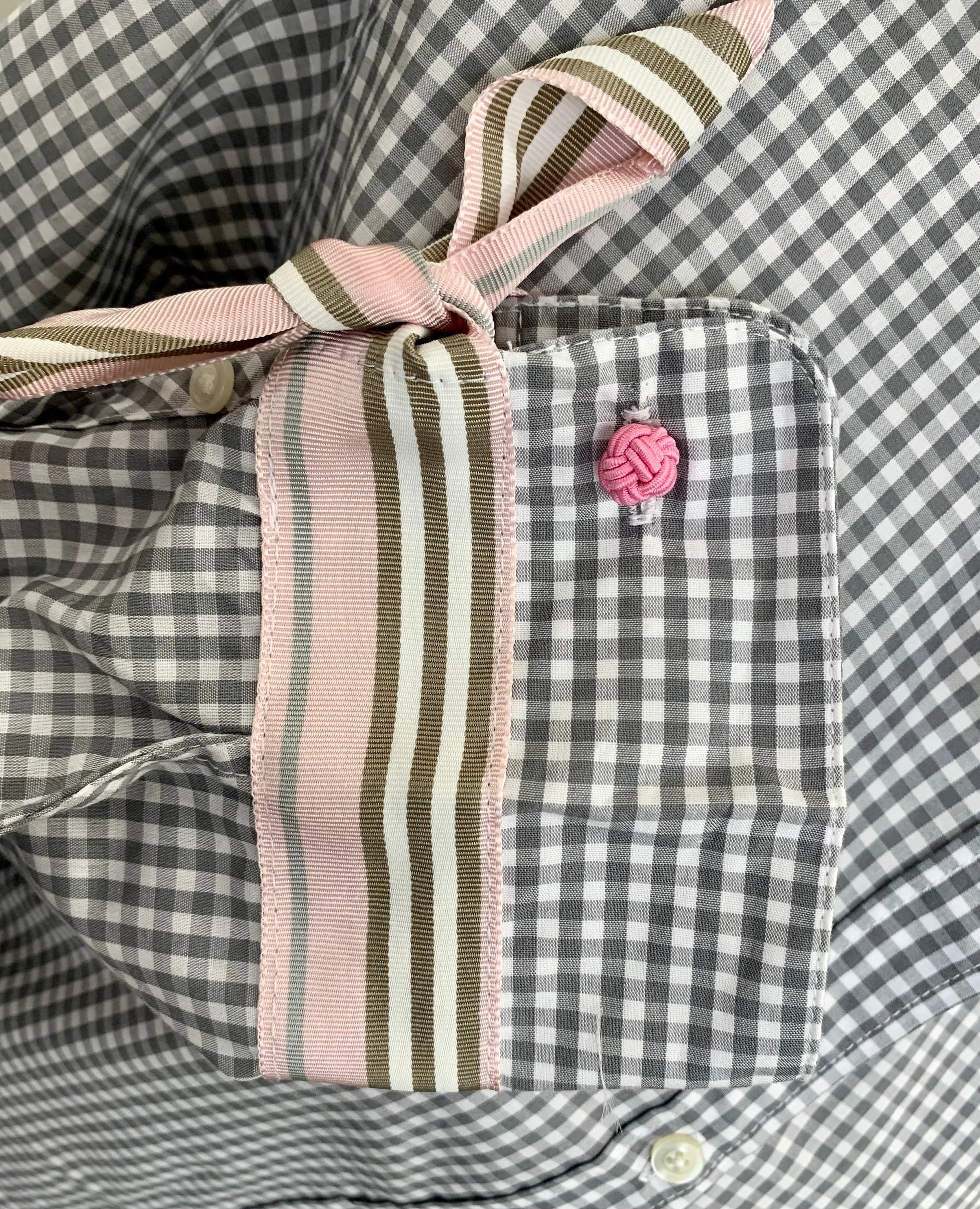 SALE - XL ONLY - Audrey Grey Gingham Ribbon French Cuff Shirt  (RFC22) *FINAL SALE*