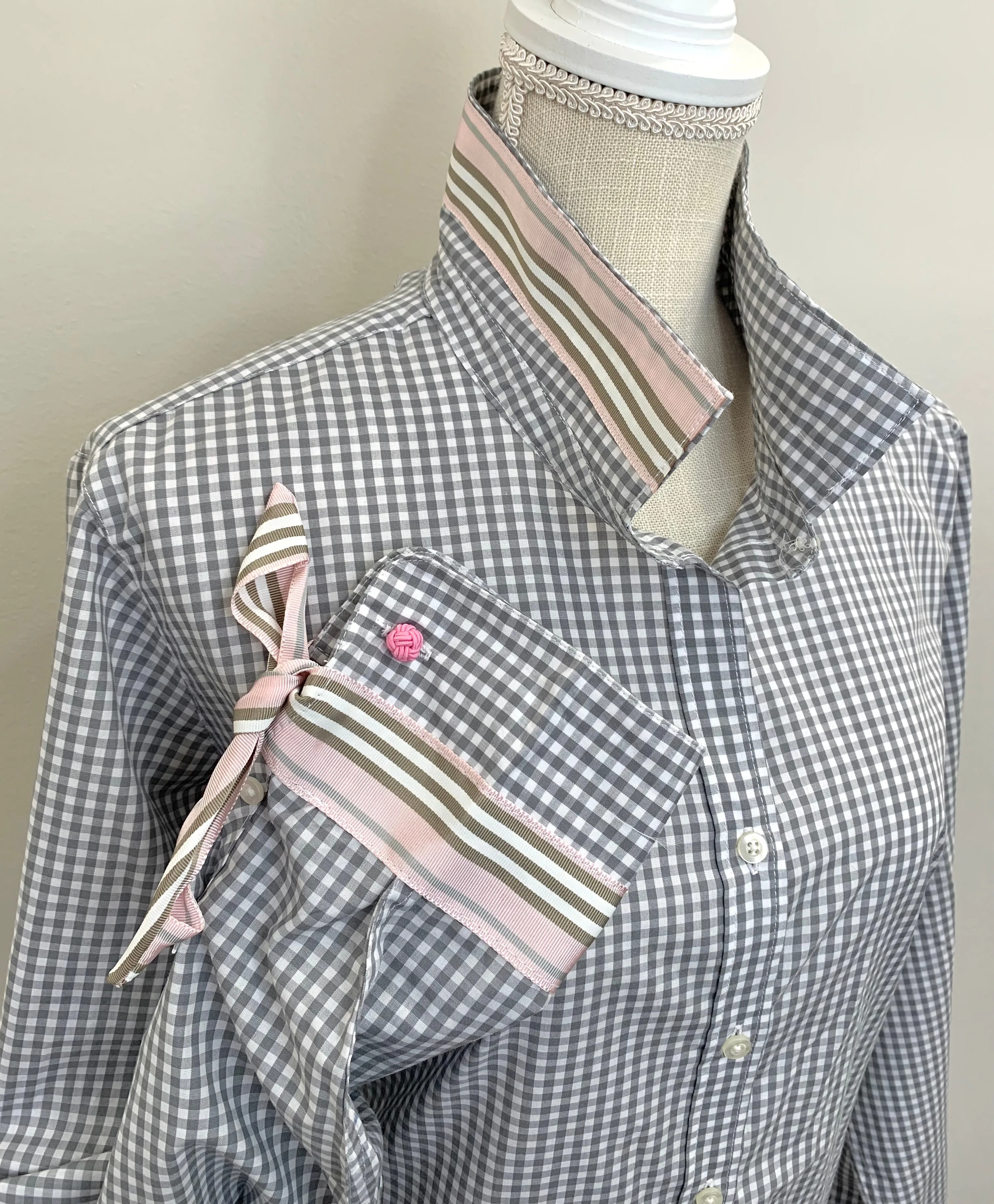 SALE - XL ONLY - Audrey Grey Gingham Ribbon French Cuff Shirt  (RFC22) *FINAL SALE*