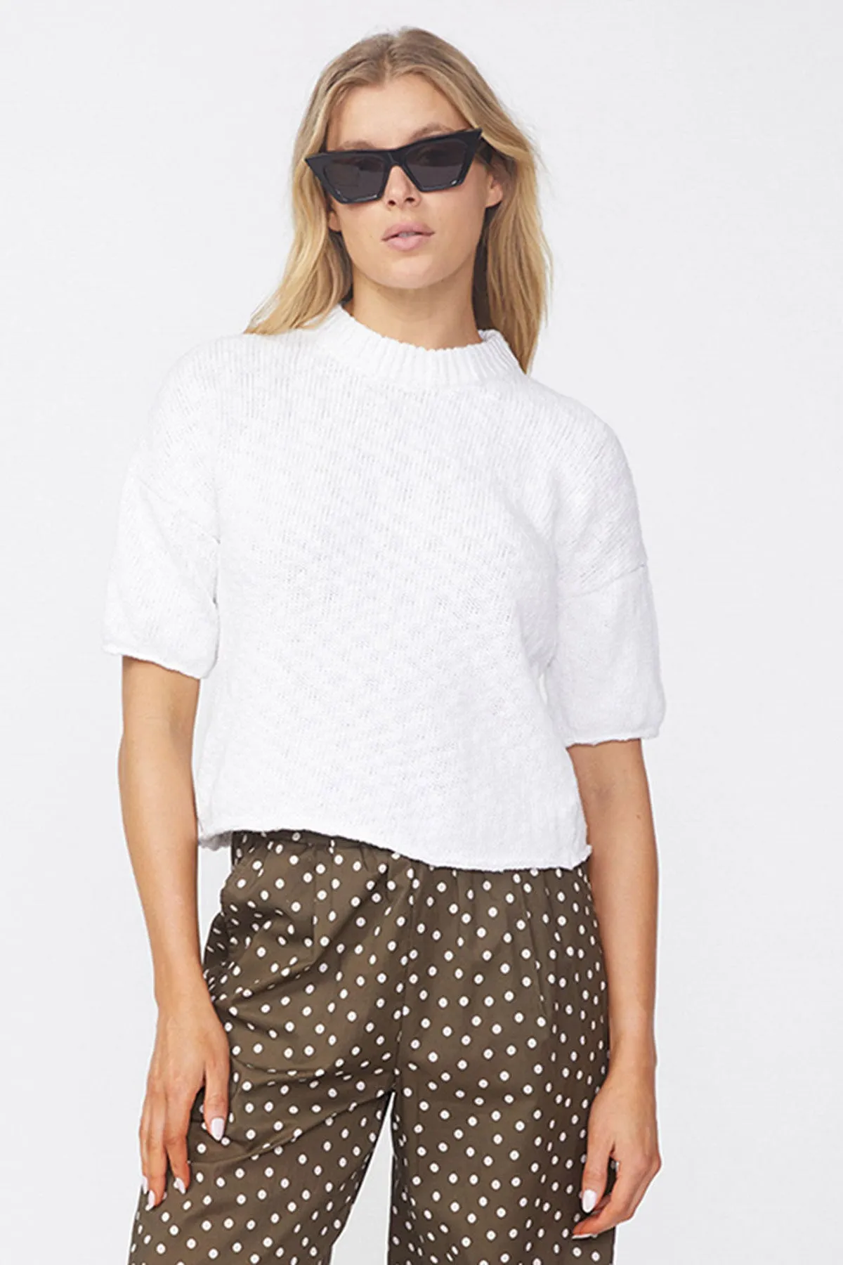 Stateside Cotton Linen Short Sleeve Sweater in White