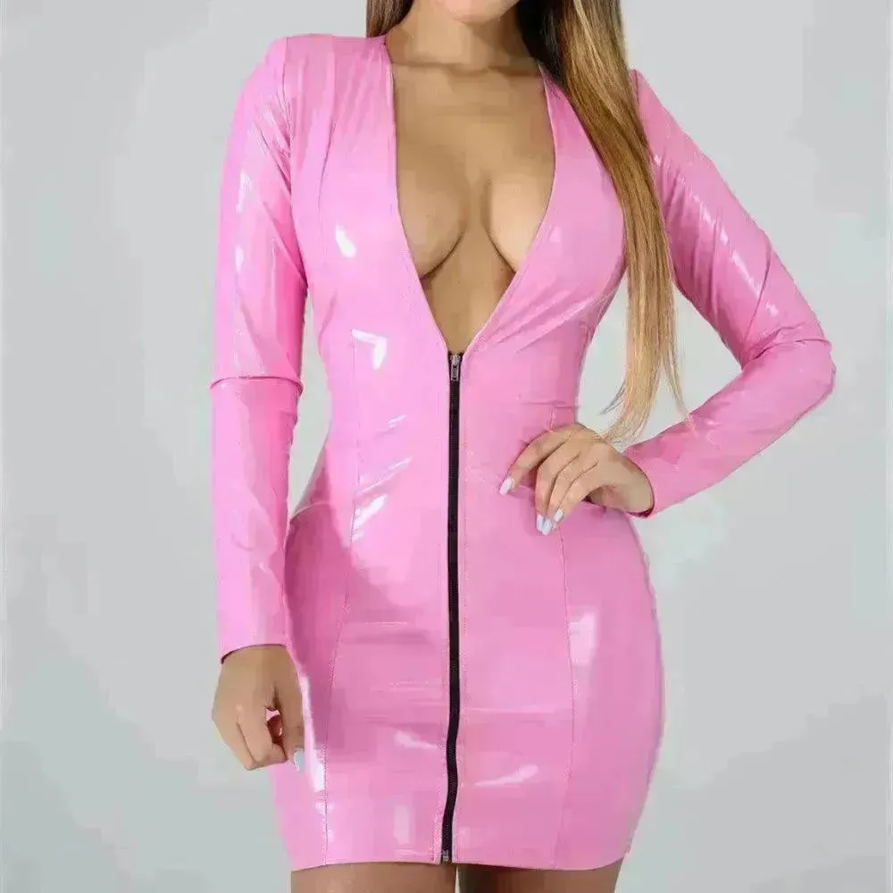 Stylish  Bodycon Leather Mini Dress for Women V-neck Zipper Short Dress Party Dress