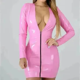 Stylish  Bodycon Leather Mini Dress for Women V-neck Zipper Short Dress Party Dress