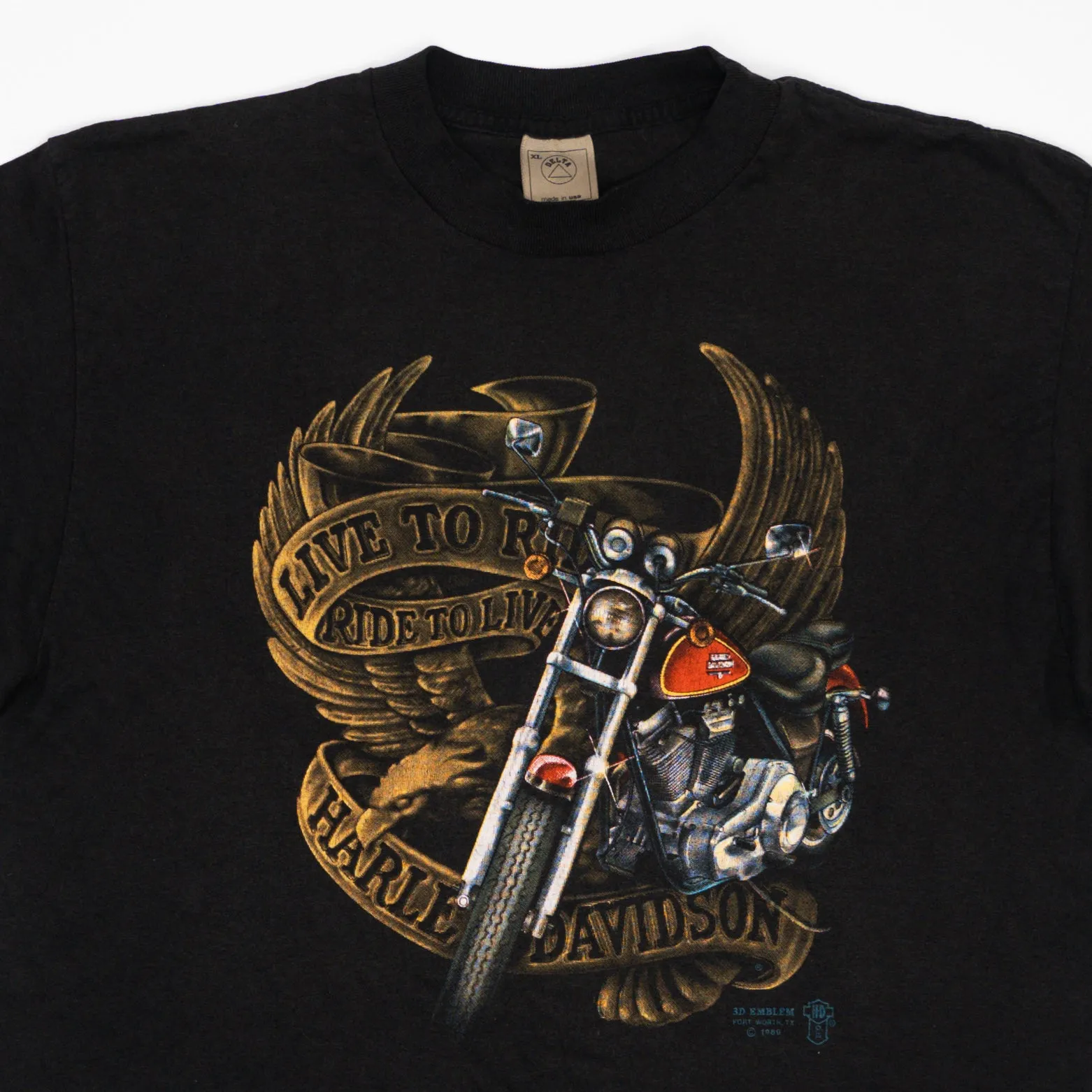 Vintage '89 Black Harley Davidson 3D Emblem Texas Tee (M)