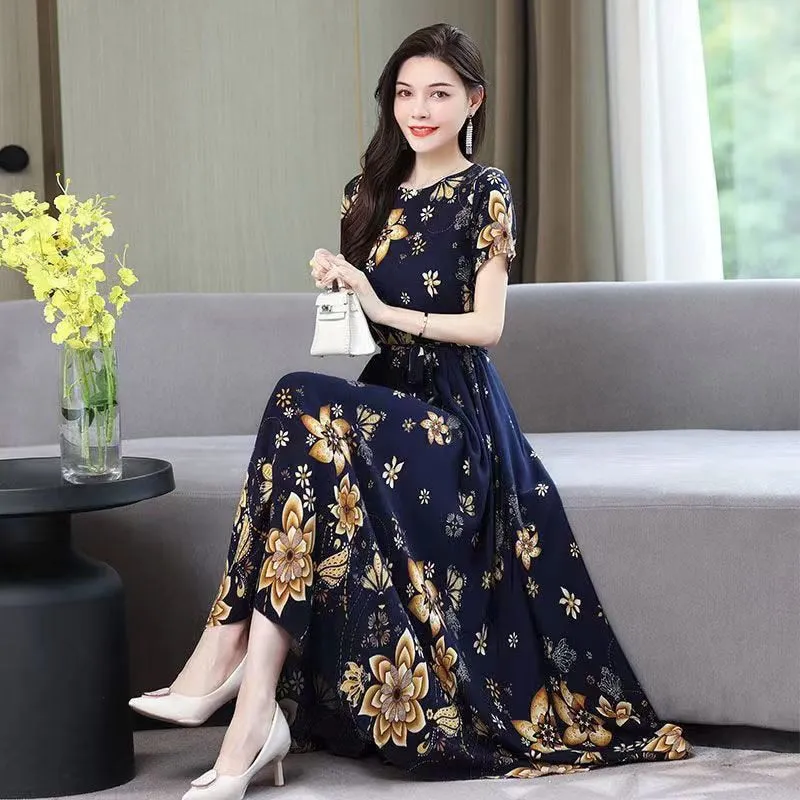 Women Summer Casual Loose Party Printing O-neck Maxi Dresses - WD8055