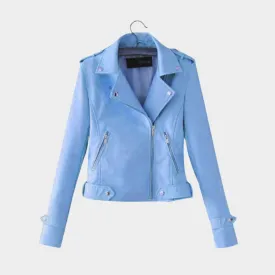 Womens PU Leather Jacket  Slim Fit Zipper Coat, Faux Leather Outerwear (Light Blue, Black, and More)